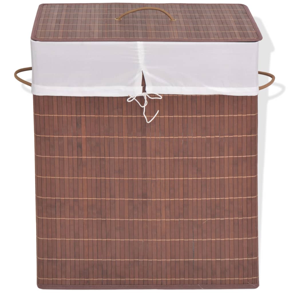 Brown rectangular bamboo laundry hamper bin with white liner and handles.