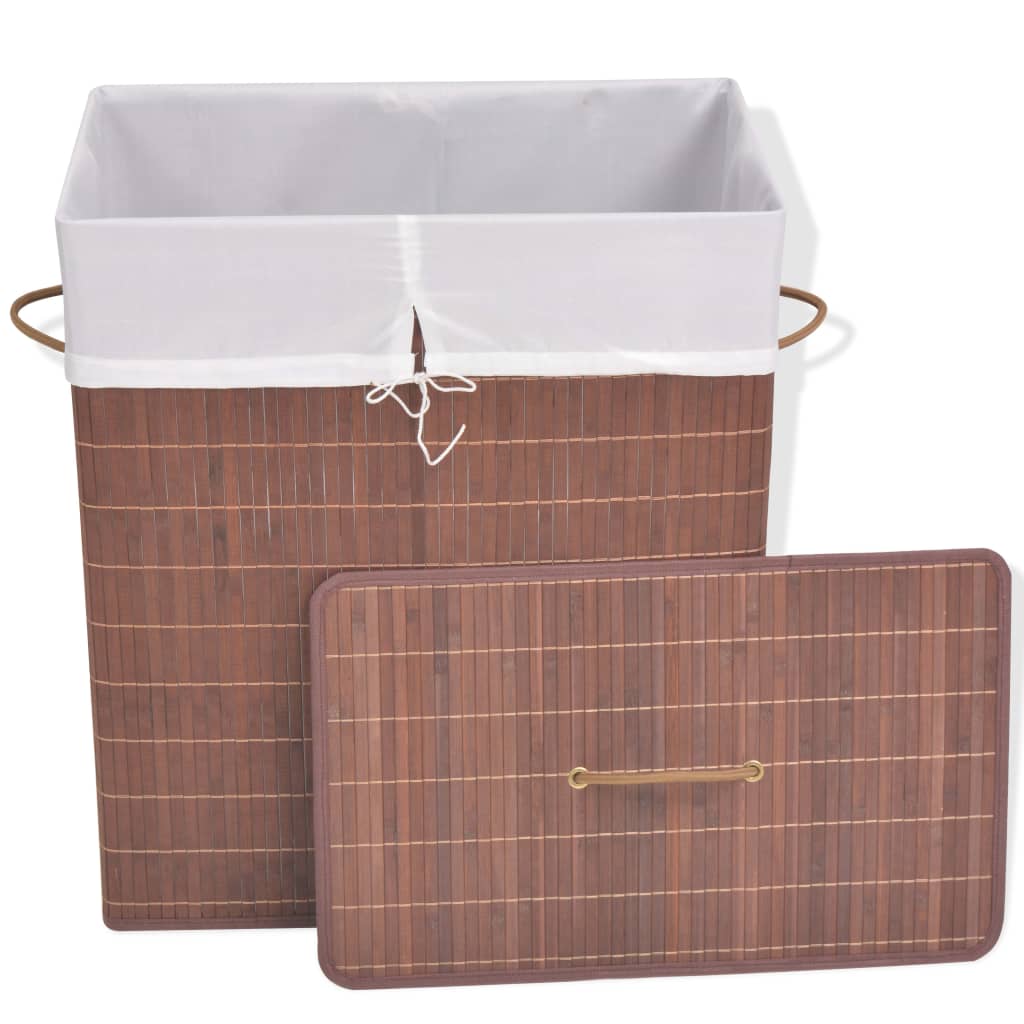 Brown rectangular bamboo laundry hamper bin with white liner and lid.