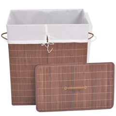 Brown rectangular bamboo laundry hamper bin with white liner and lid.