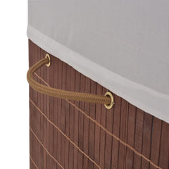 Brown rectangular bamboo laundry hamper with white liner and rope handles.