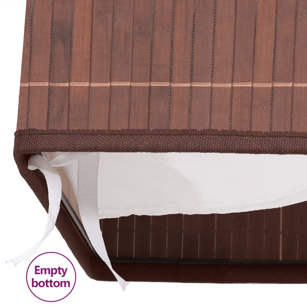 Brown rectangular bamboo laundry hamper bin with white removable liner and handles.