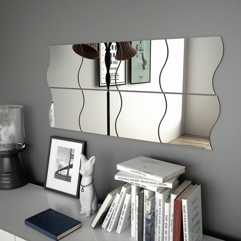 Eight interlocking wave-shaped frameless glass wall mirrors, each 7.9 by 7.9 inches, mounted on a gray wall.
