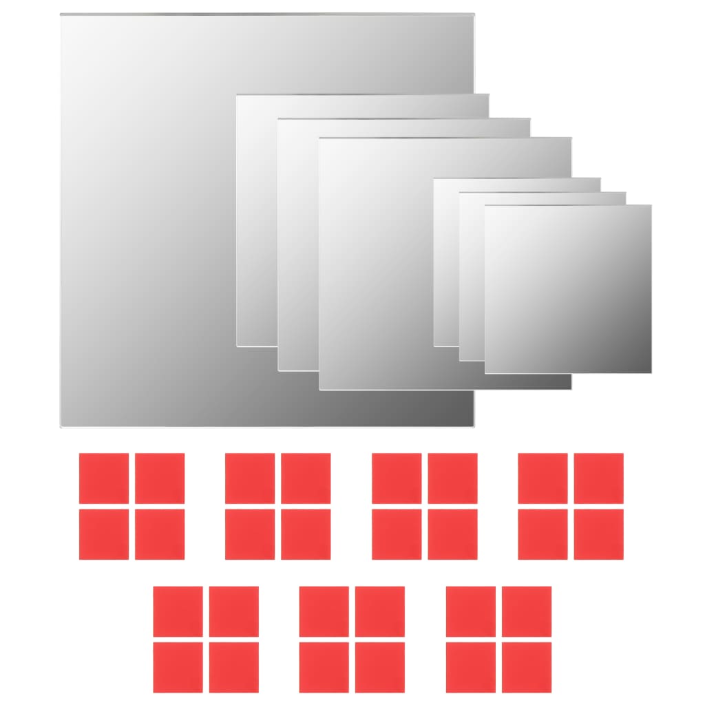 7-piece set of square frameless glass wall mirrors in small, medium, and large sizes.