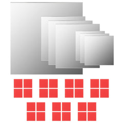 7-piece set of square frameless glass wall mirrors in small, medium, and large sizes.