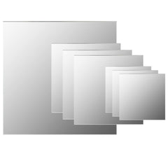 Seven square frameless glass mirrors in varying sizes for wall mounting.
