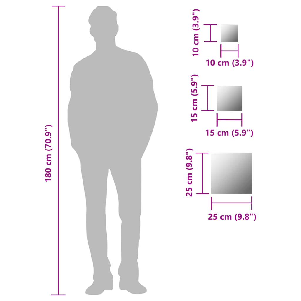 Size chart showing a 180 cm tall figure next to square mirrors measuring 10 cm, 15 cm, and 25 cm.
