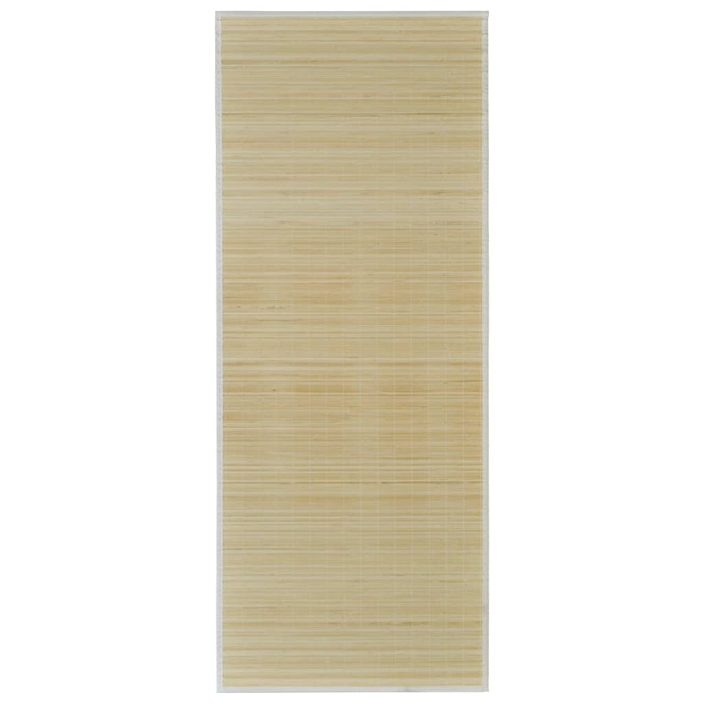 Natural bamboo area rug with non-slip backing and polypropylene edges in neutral tones.