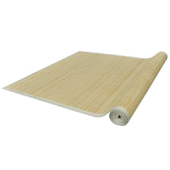 Natural bamboo area rug, 63x90.6 inches, with non-slip backing and white borders.