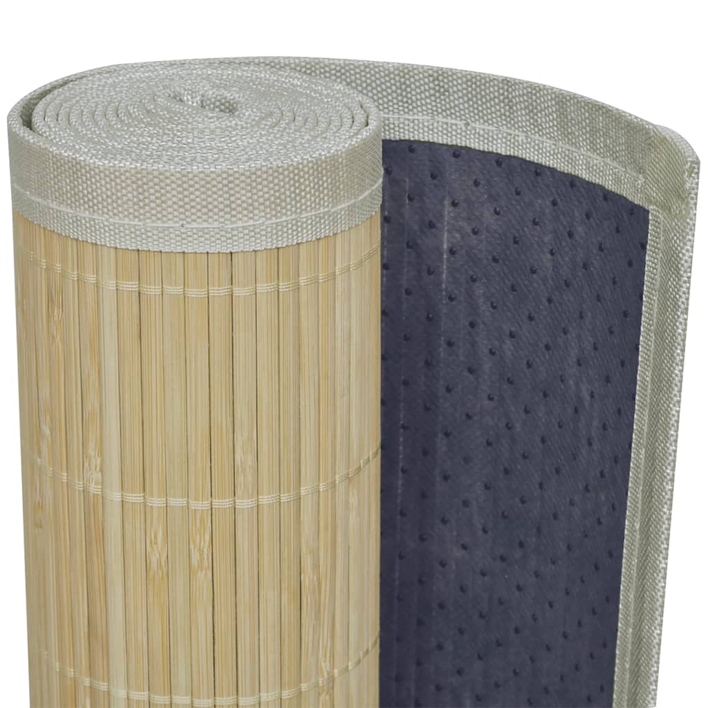 Rolled natural bamboo area rug with gray non-slip backing and borders.