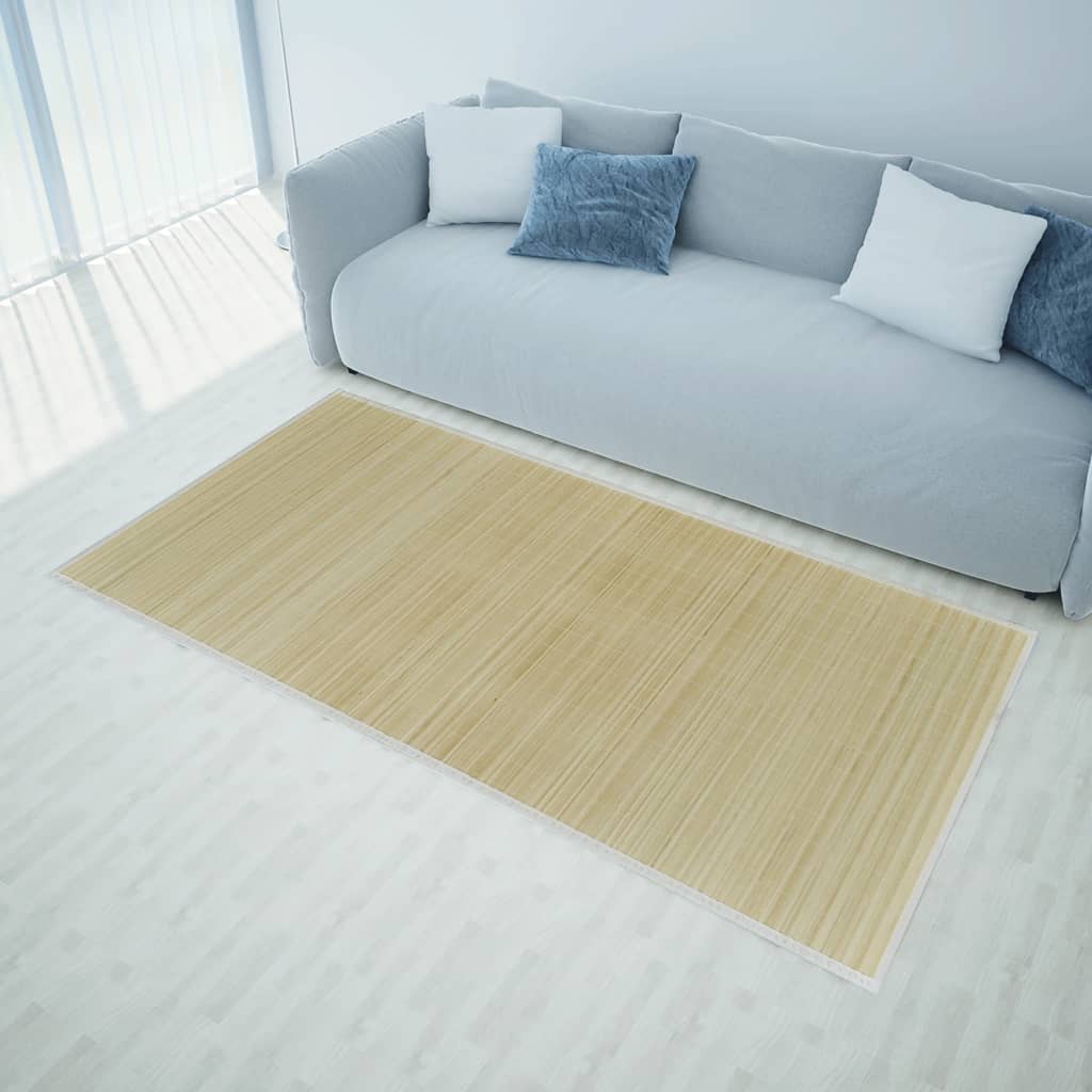 Natural bamboo area rug with non-slip backing in a modern living room.