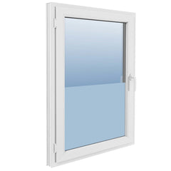 A white window with a frosted privacy film covering the bottom half of the glass.