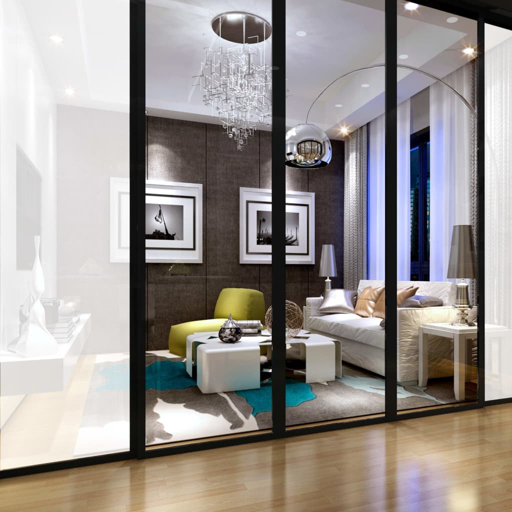 Frosted privacy window film applied to glass doors, diffusing light in a modern living room.