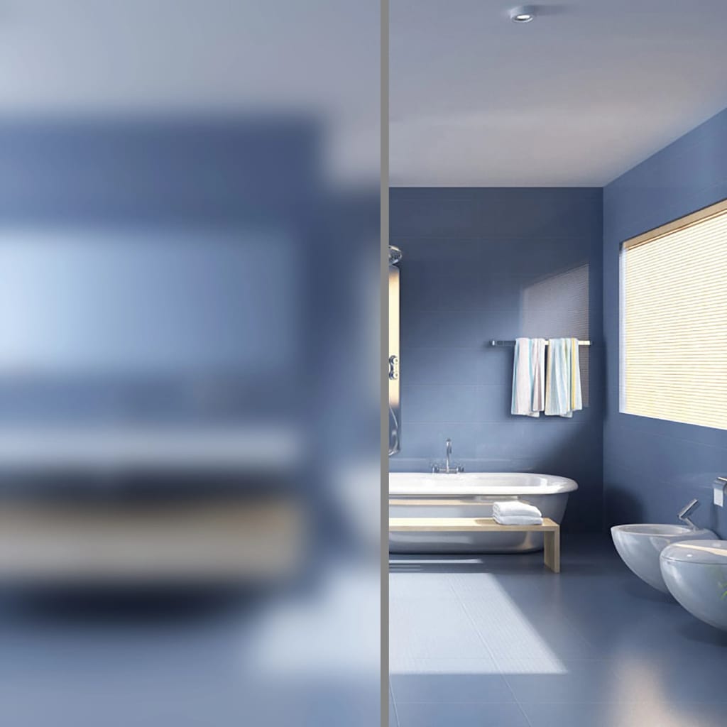 Frosted privacy window film applied to a blue bathroom window, diffusing light while obscuring the view.