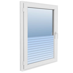 White vinyl window with blue striped frosted privacy film applied to the glass.