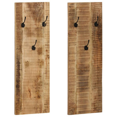 Set of two wall-mounted mango wood coat racks, each with six black hooks.