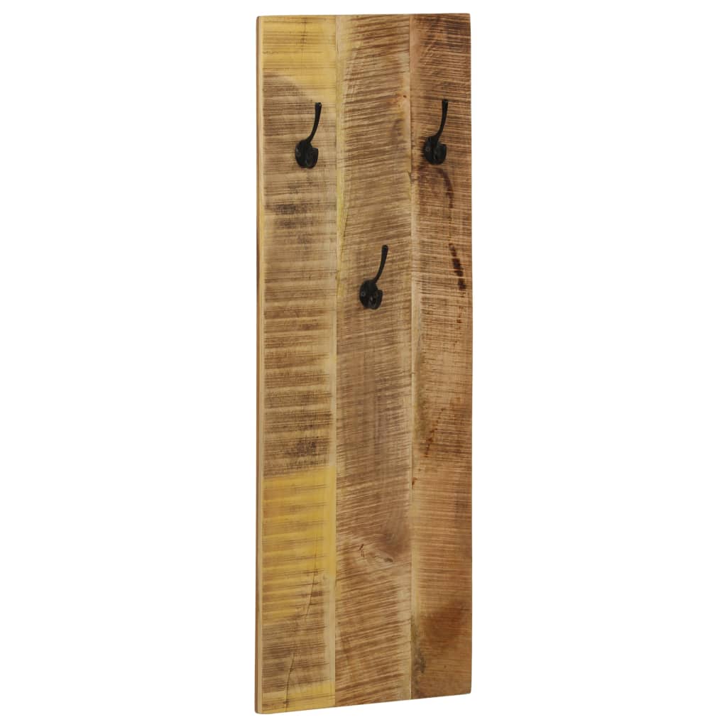 Set of two wall-mounted coat racks made from reclaimed mango wood with six black hooks each.