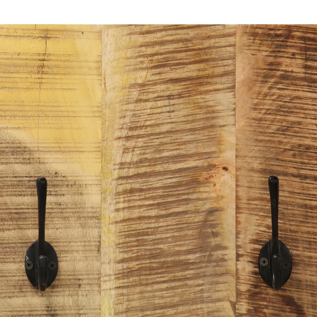 Set of two wall-mounted mango wood coat racks with six black hooks each.