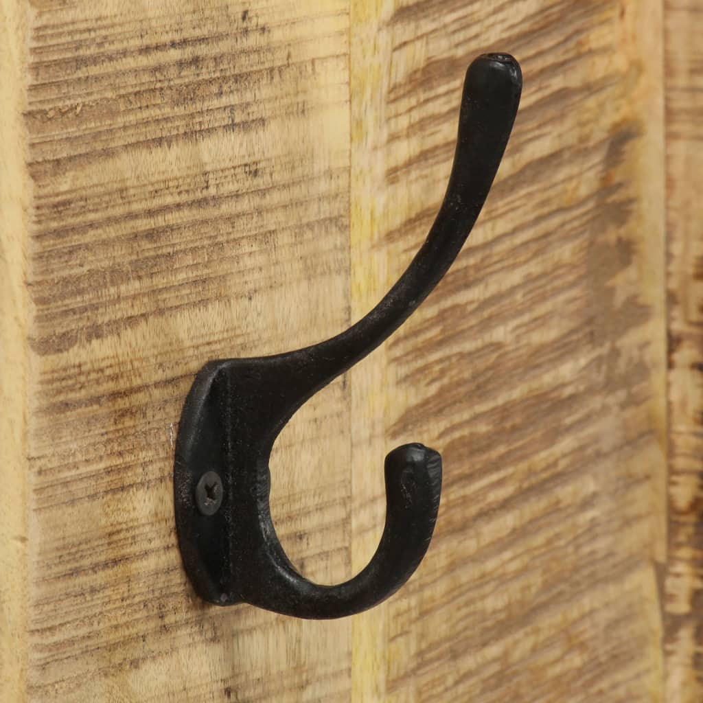 Set of two wall-mounted mango wood coat racks with black hooks on reclaimed wood.