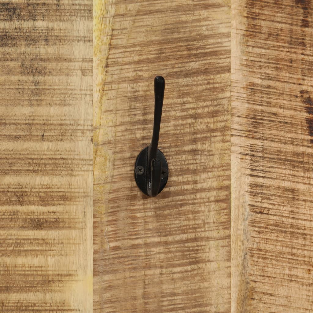 Set of two wall-mounted mango wood coat racks with black hooks on reclaimed wood boards.