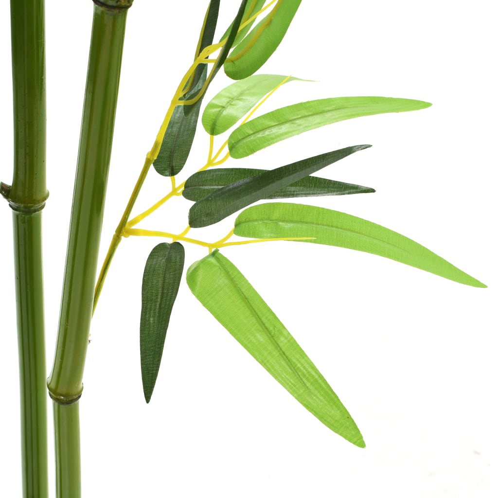 Artificial bamboo plant with green leaves and stalks in a plastic pot, 59 inches tall.