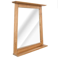 Vintage solid pinewood bathroom mirror with wooden frame and shelf, 27.6x4.7x31.1 inches.