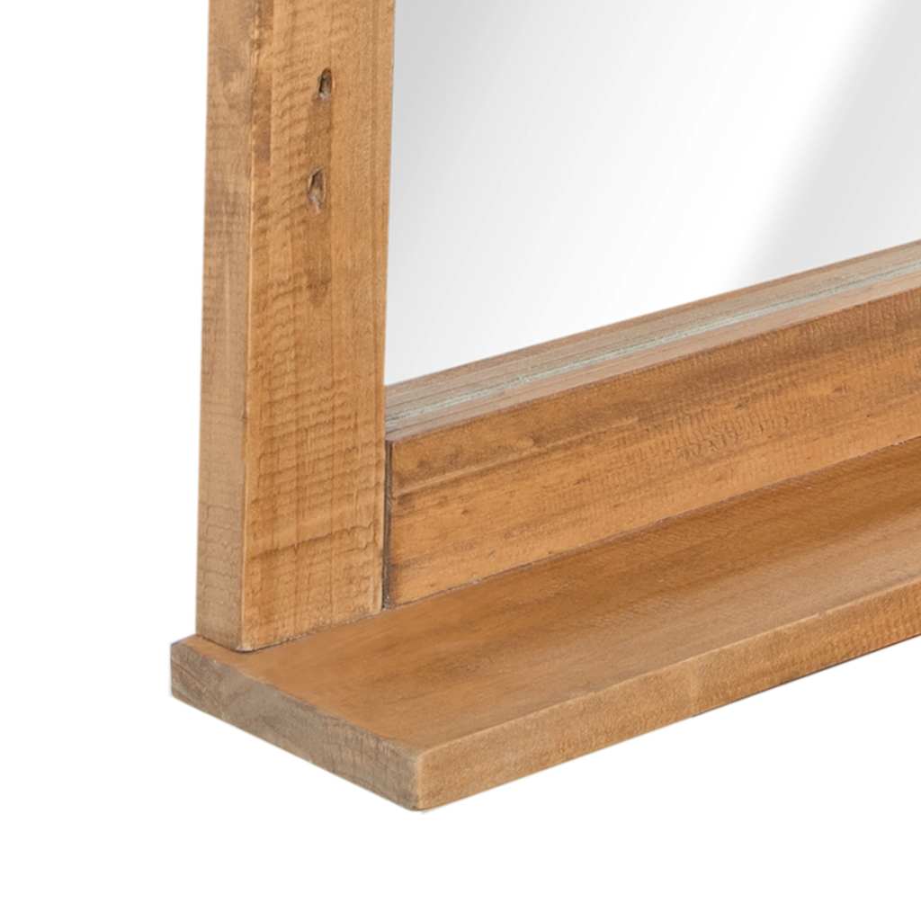 Vintage solid pinewood bathroom mirror with wooden frame and shelf, 27.6x4.7x31.1 inches.