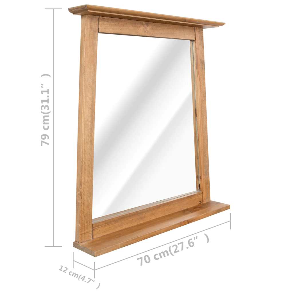Vintage solid pinewood bathroom mirror with frame measuring 27.6 by 31.1 inches and 4.7-inch depth.