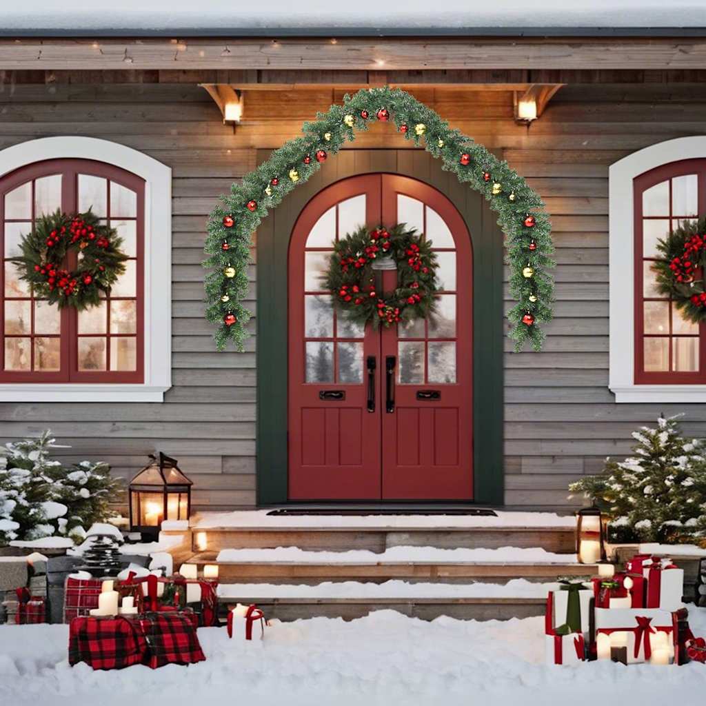 16ft PVC Christmas garland with gold and red baubles and warm LED lights.