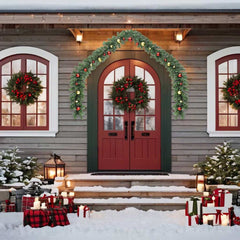 16ft PVC Christmas garland with gold and red baubles and warm LED lights.