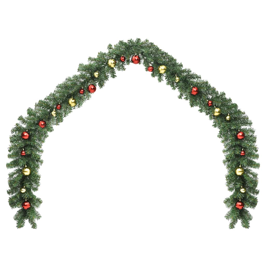 A 32.8ft green PVC Christmas garland arched with gold and red baubles and LED lights.