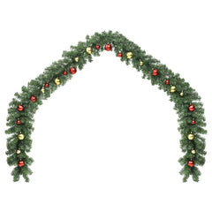 A 32.8ft green PVC Christmas garland arched with gold and red baubles and LED lights.