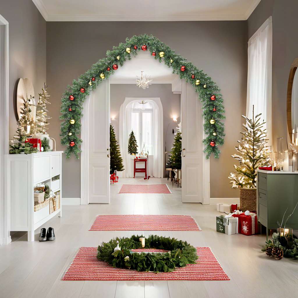 32.8ft green PVC Christmas garland with gold and red baubles and LED lights.