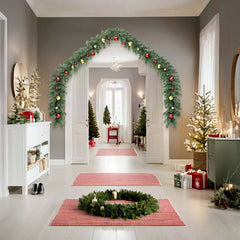 32.8ft green PVC Christmas garland with gold and red baubles and LED lights.