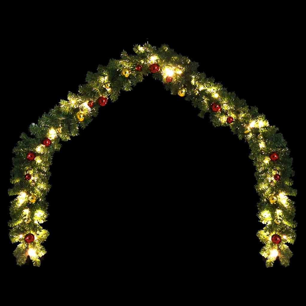 Green PVC Christmas garland with red and gold baubles and warm white LED lights, 32.8ft long.