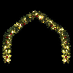 Green PVC Christmas garland with red and gold baubles and warm white LED lights, 32.8ft long.