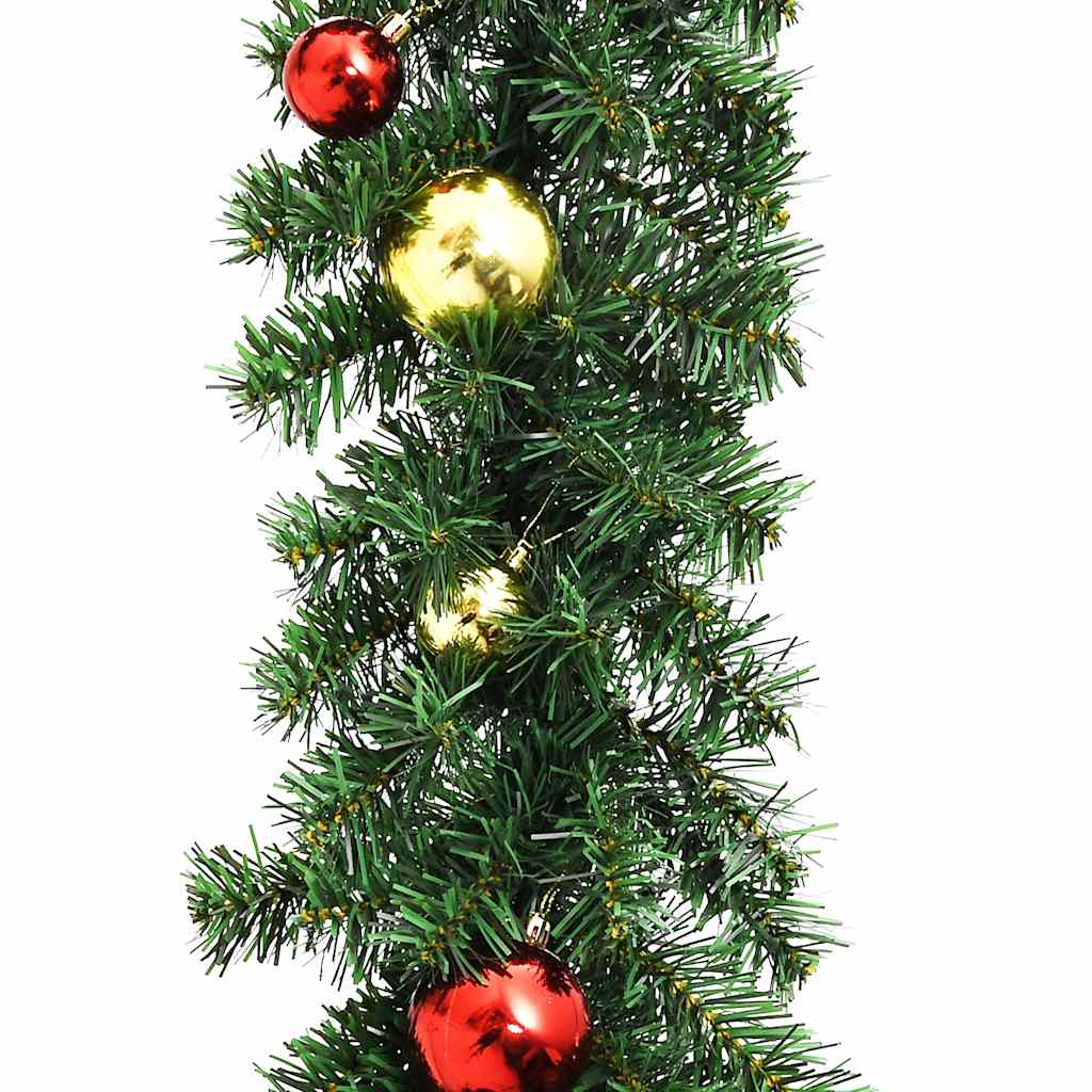 32.8ft green PVC Christmas garland with red and gold baubles and LED lights.