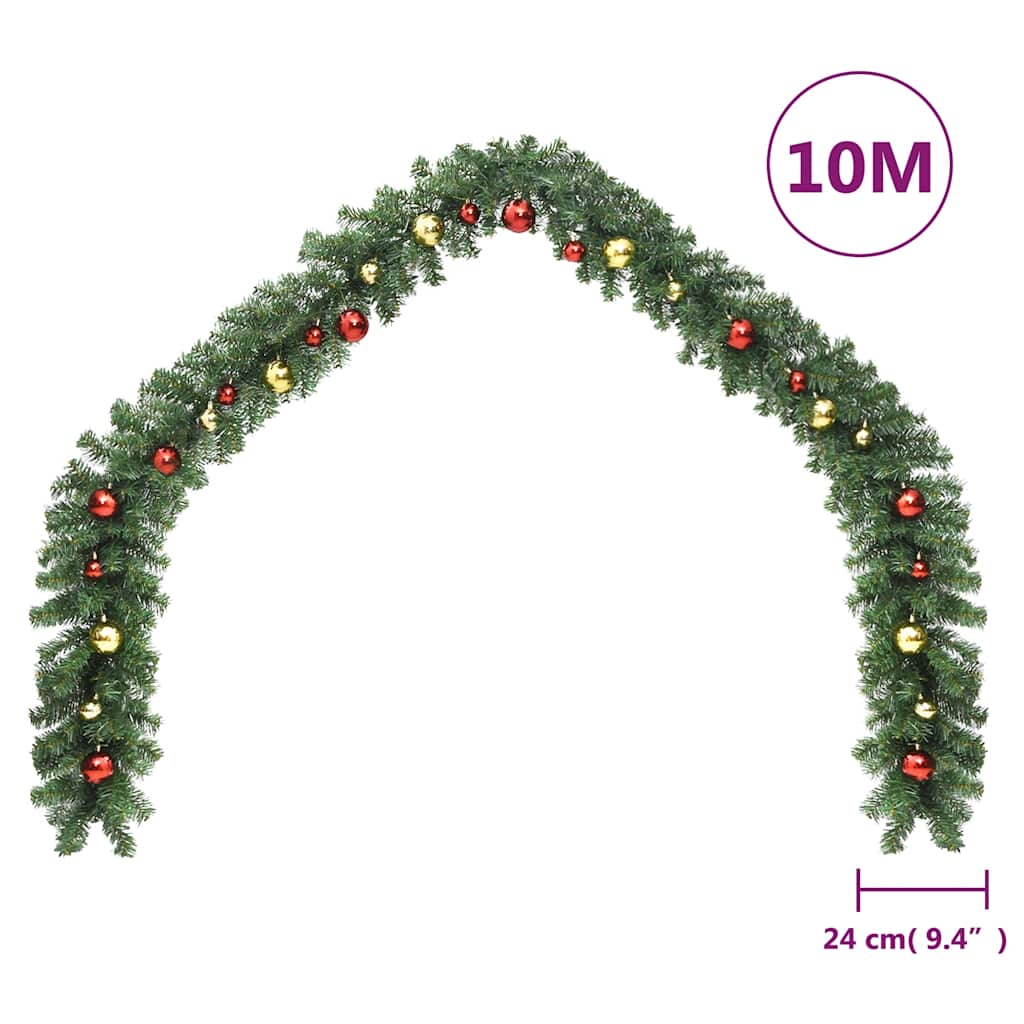 Green PVC Christmas garland with gold and red baubles and LED lights, 32.8ft long.