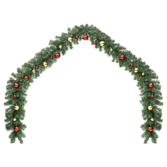 65.6ft green PVC Christmas garland arched with red and gold baubles and 300 LEDs.