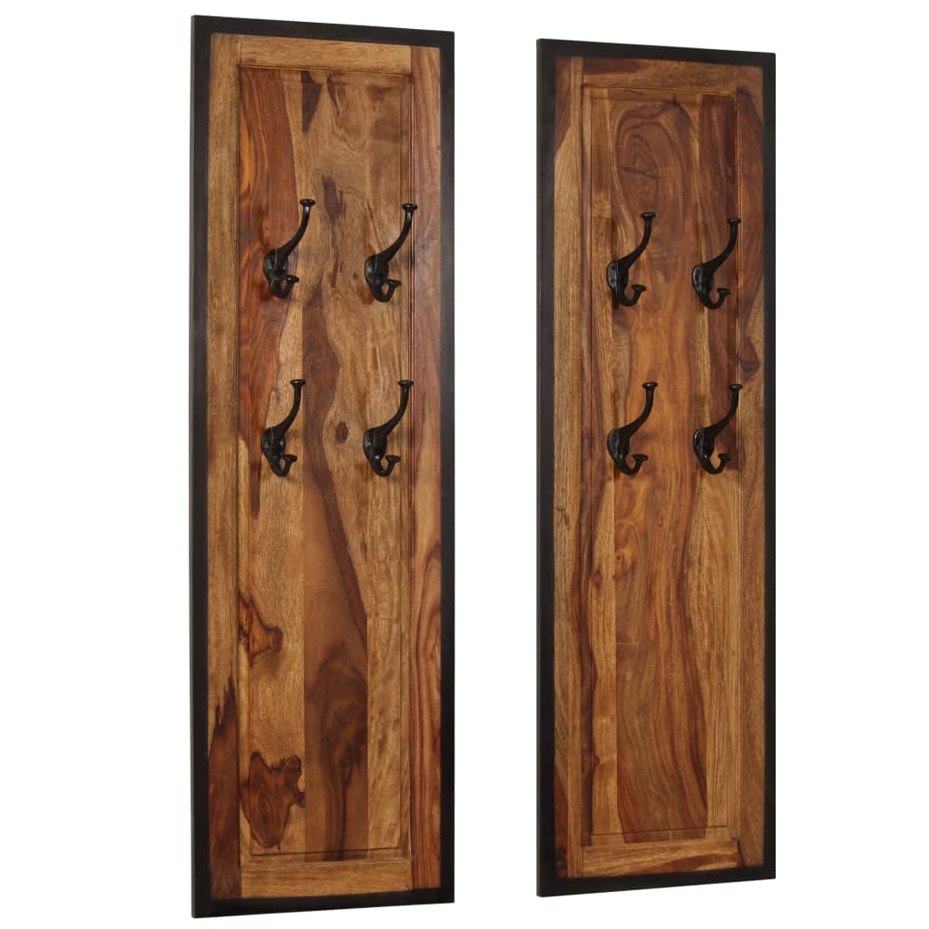 Two solid sheesham wood coat racks, each with four black hooks and a framed design.