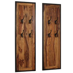 Two solid sheesham wood coat racks, each with four black hooks and a framed design.