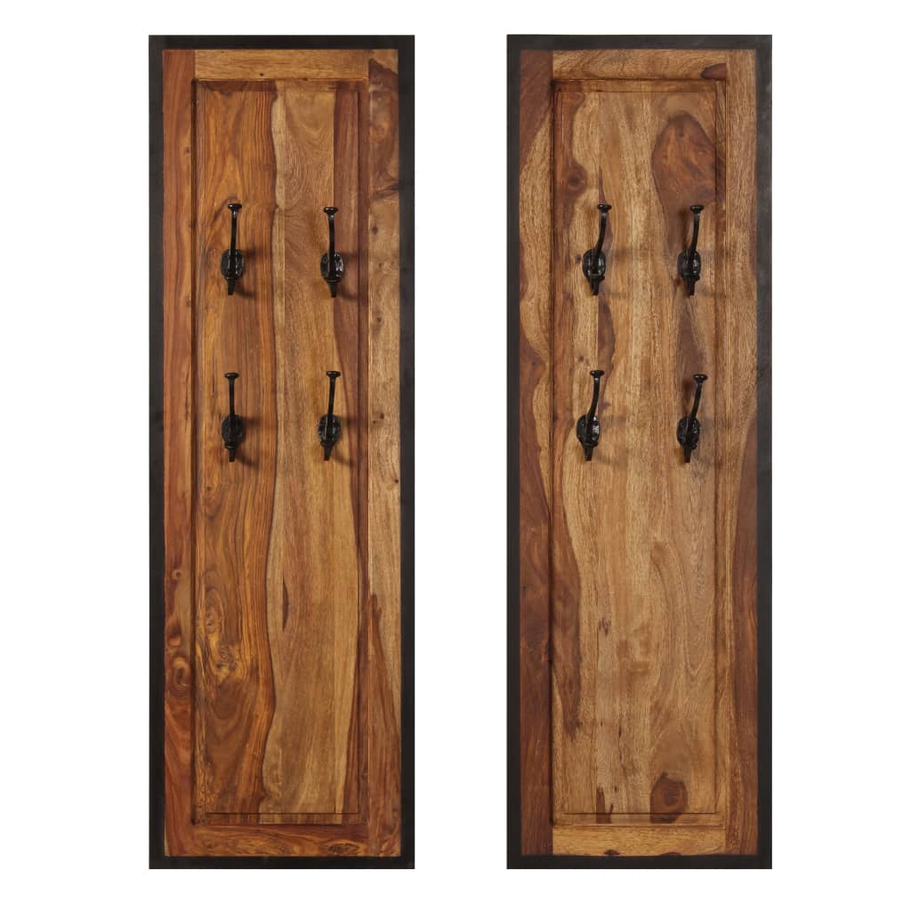 Two solid sheesham wood coat racks, each with four hooks and black frames.