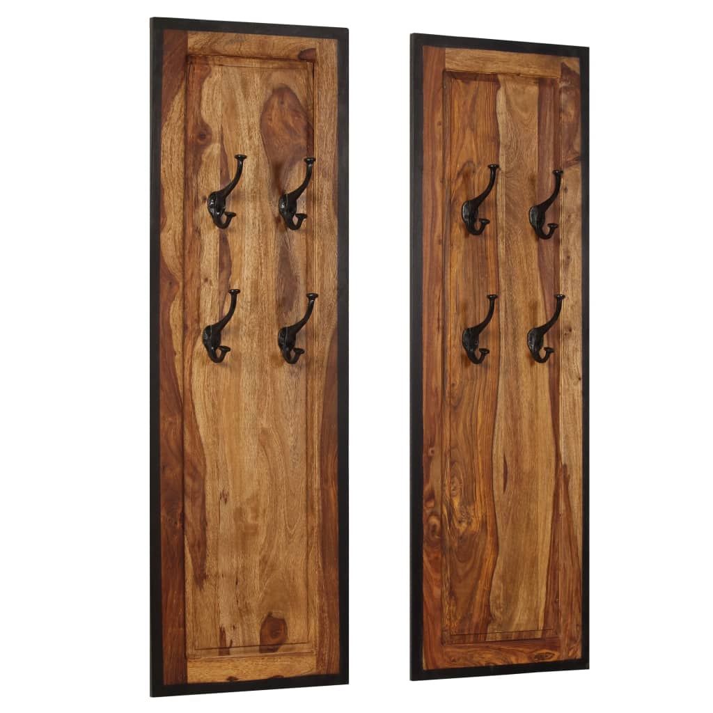 Two solid sheesham wood coat racks, each with four black hooks on a tall rectangular panel.