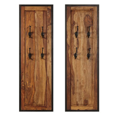 Two solid sheesham wood coat racks, each with four hooks and black frames.