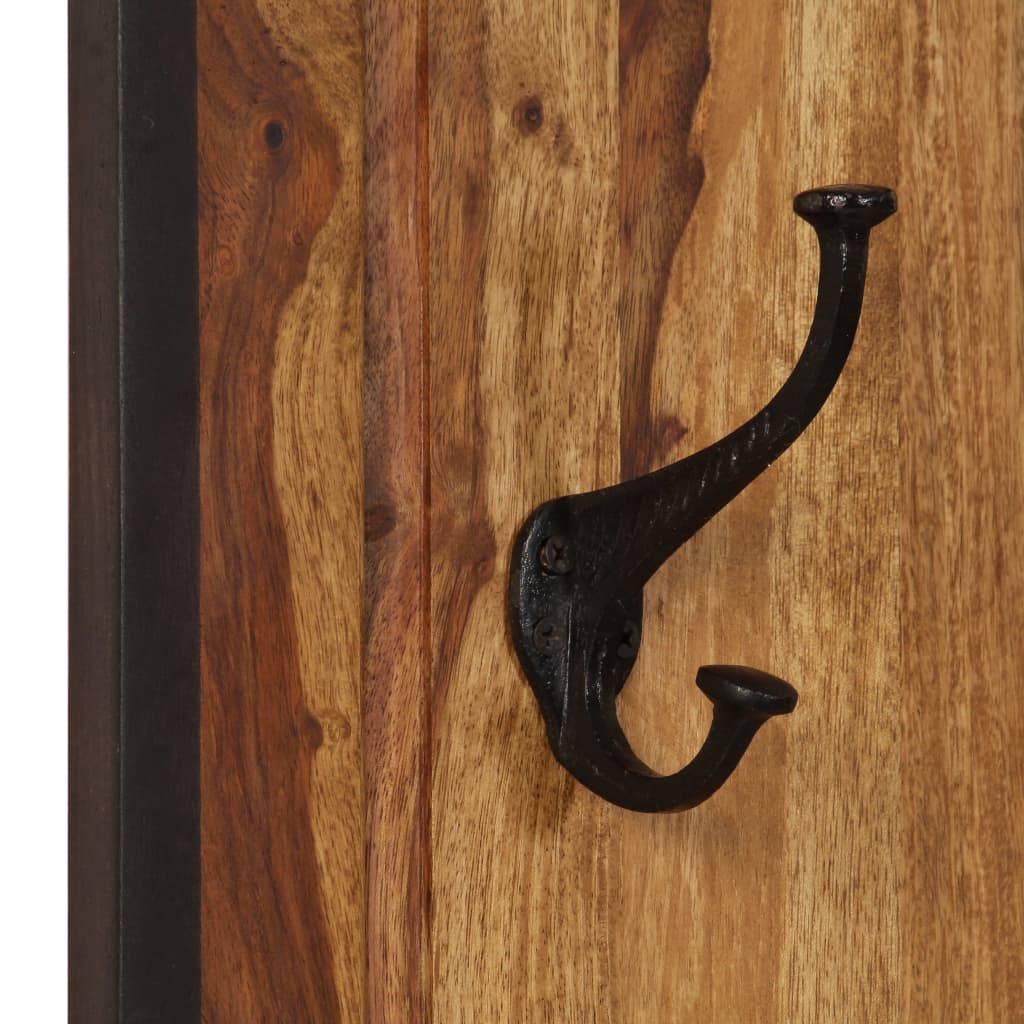 Two solid sheesham wood coat racks, each with four black metal hooks on a natural grain surface.