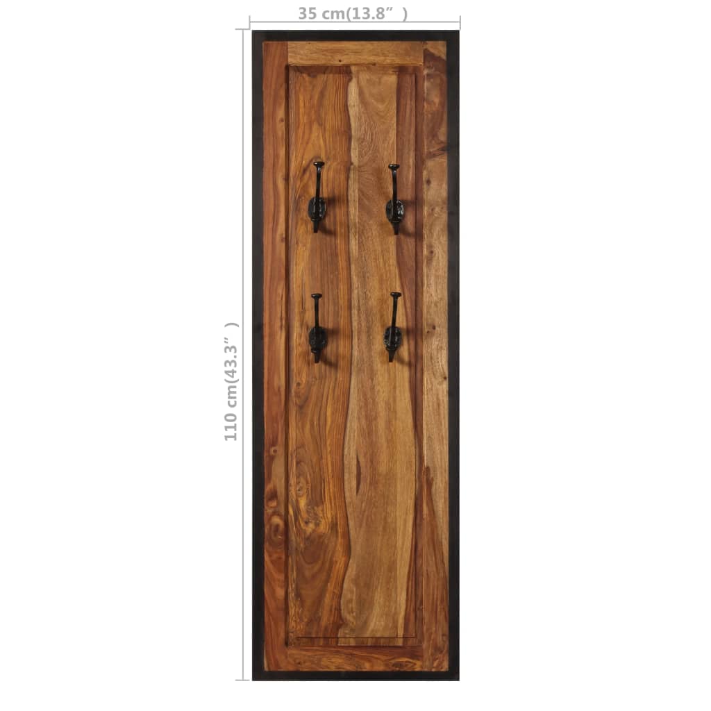 Two solid sheesham wood coat racks, each 13.8 by 43.3 inches with four black hooks.