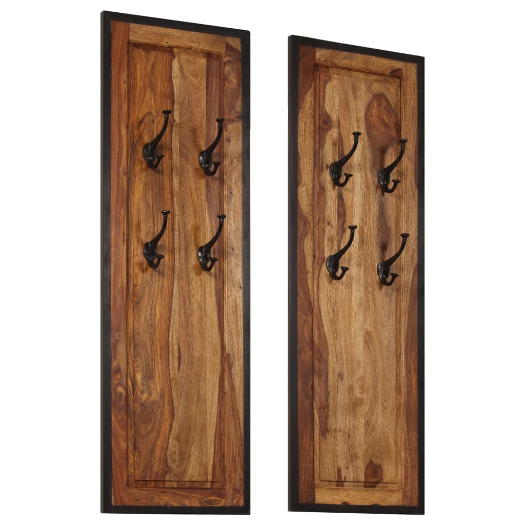 Two solid sheesham wood coat racks, each with four black hooks on a rectangular panel.