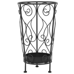 Black vintage-style metal umbrella stand with scrollwork, 10.2x18.1 inches.