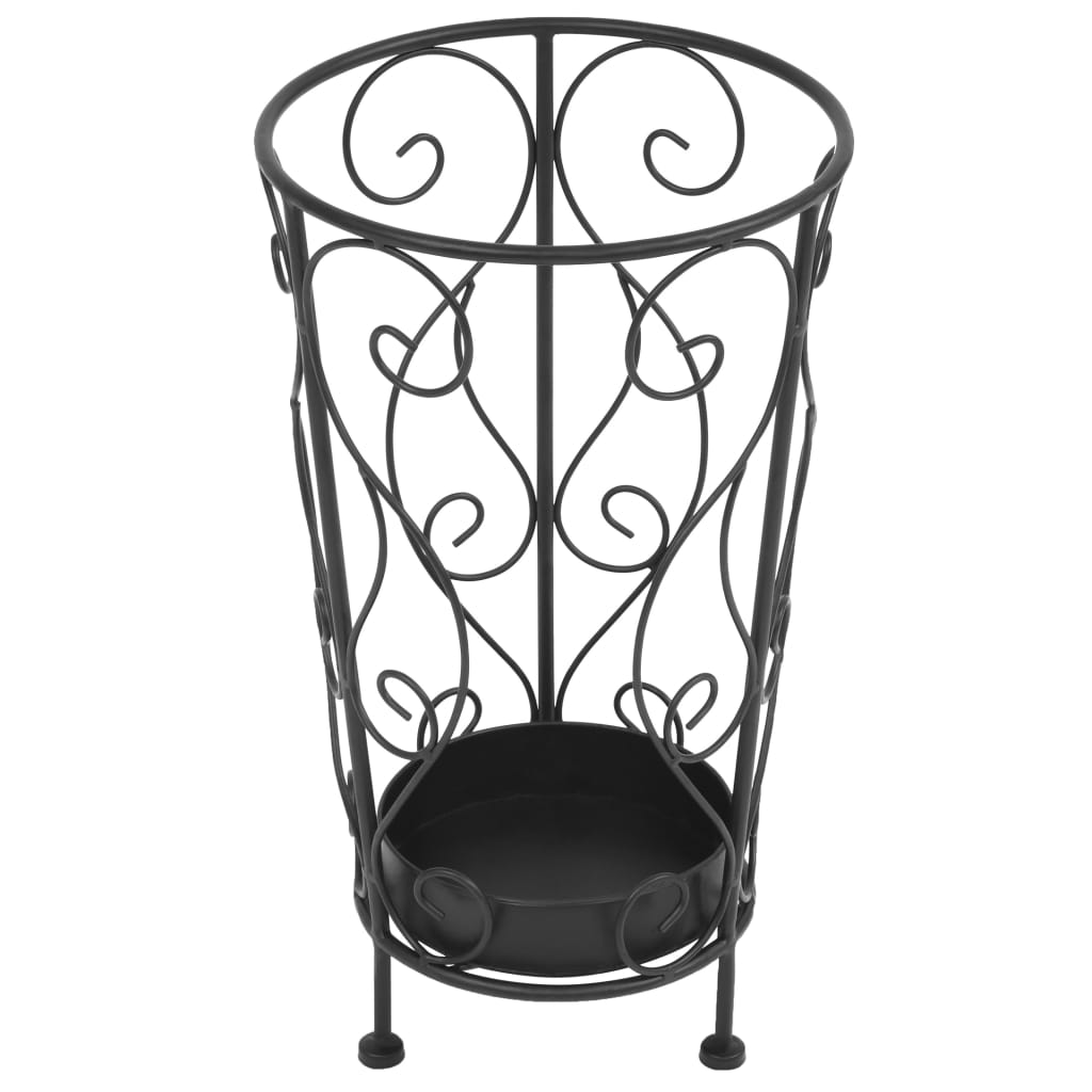 Black vintage-style metal umbrella stand with scrollwork, 10.2x18.1 inches.