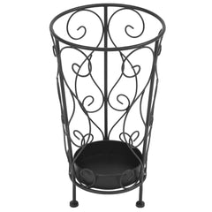 Black vintage-style metal umbrella stand with scrollwork, 10.2x18.1 inches.