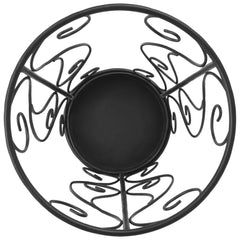 Black vintage-style metal umbrella stand with decorative scrollwork and a round base.